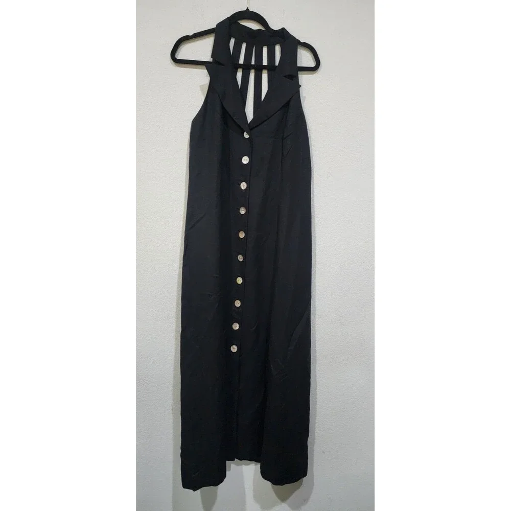 Jessica Howard Vintage Black Linen Blend Maxi Dress Button Up Front Sz 14